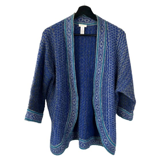 Chicos Blue Grey Geometric Print Wool Mohair Blend Open Front Cardigan 1 Medium - Picture 1 of 8